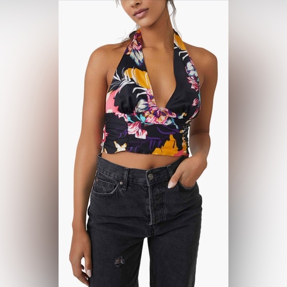 Free People Seraphina Floral Halter Top in Black Combo Multicolor Cropped Wrap - Picture 11 of 15